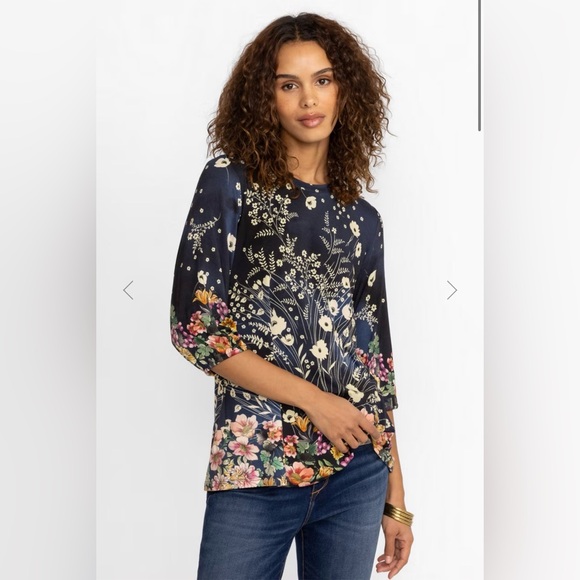 Johnny Was The Janie Favorite Puff Sleeve Top, floral boho navy blouse, large - Picture 3 of 9